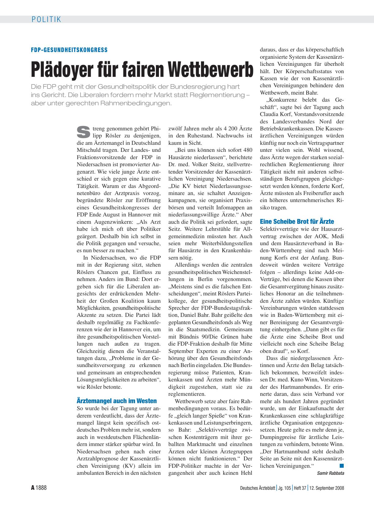 Vorschauseite 1: FDP-Gesundheitskongress: Plädoyer für fairen Wettbewerb
