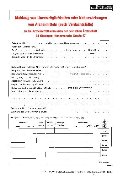 Vorschauseite 1: Meldung von Unverträglichkeiten oder Nebenwirkungen von Arzneimitteln (auch Verdachtsfälle)
