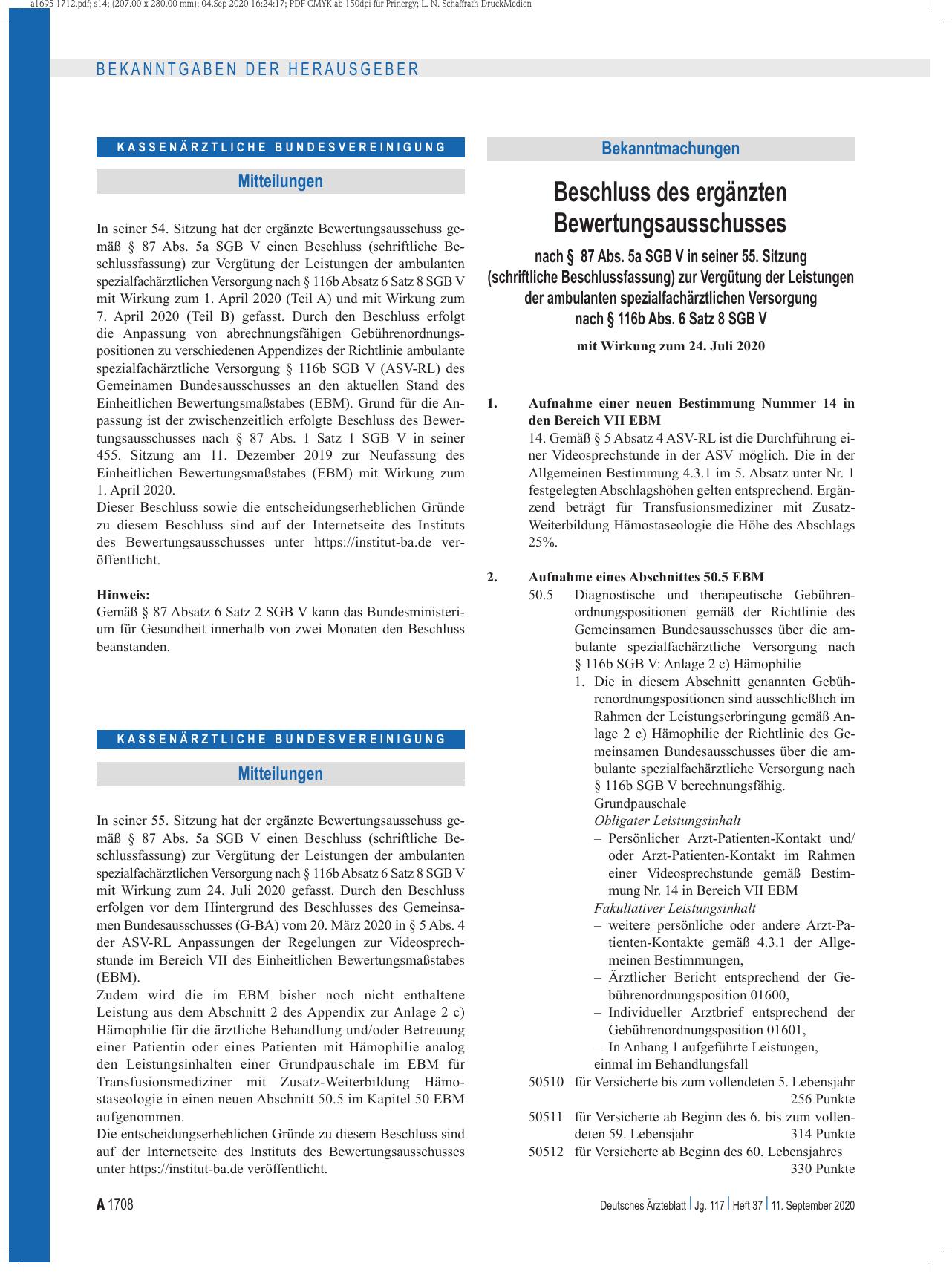 Vorschauseite 1: Beschluss des ergänzten Bewertungsausschusses nach § 87 Abs. 5a SGB V in seiner 55. Sitzung (schriftliche Beschlussfassung) zur Vergütung der Leistungen der ambulanten spezialfach…
