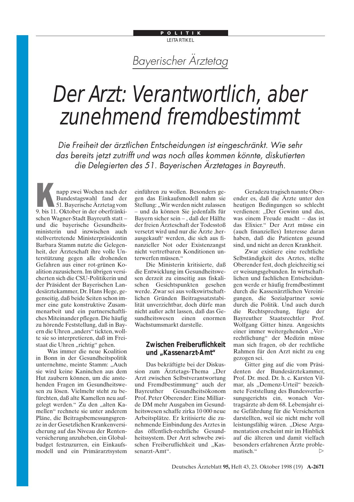 Vorschauseite 1: Bayerischer Ärztetag – Der Arzt: Verantwortlich, aber zunehmend fremdbestimmt