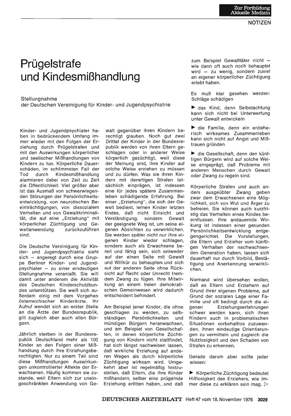 Vorschauseite 1: Prügelstrafe und Kindesmißhandlung: Stellungnahme der Deutschen Vereinigung für Kinderund Jugendpsychiatrie
