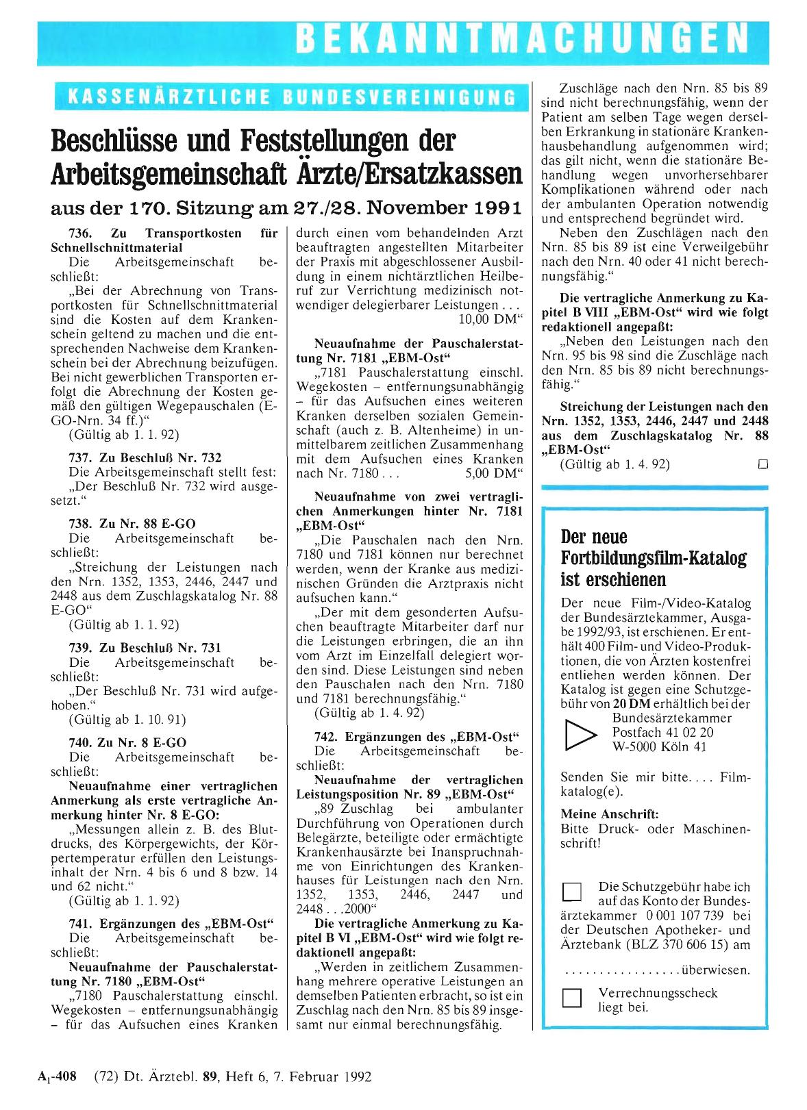 Vorschauseite 1: Beschlüsse und Feststellungen der Arbeitsgemeinschaft Ärzte/Ersatzkassen aus der 170. Sitzung am 27. /28. November 1991