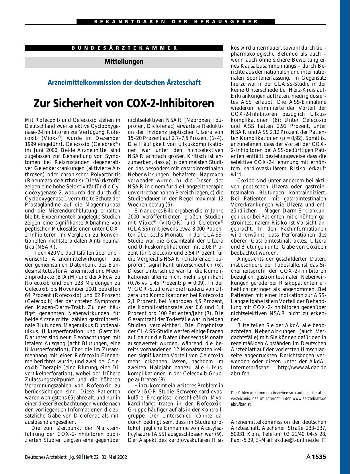 Vorschauseite 1: Arzneimittelkommission der deutschen Ärzteschaft: Zur Sicherheit von COX-2-Inhibitoren