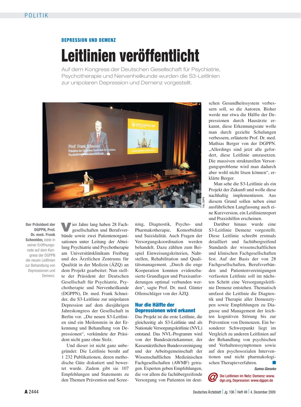 Vorschauseite 1: Depression und Demenz: Leitlinien veröffentlicht