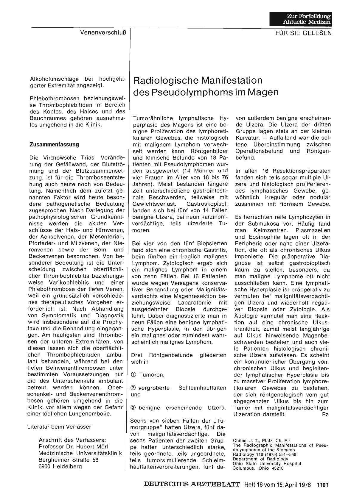 Vorschauseite 1: Radiologische Manifestation des Pseudolymphoms im Magen