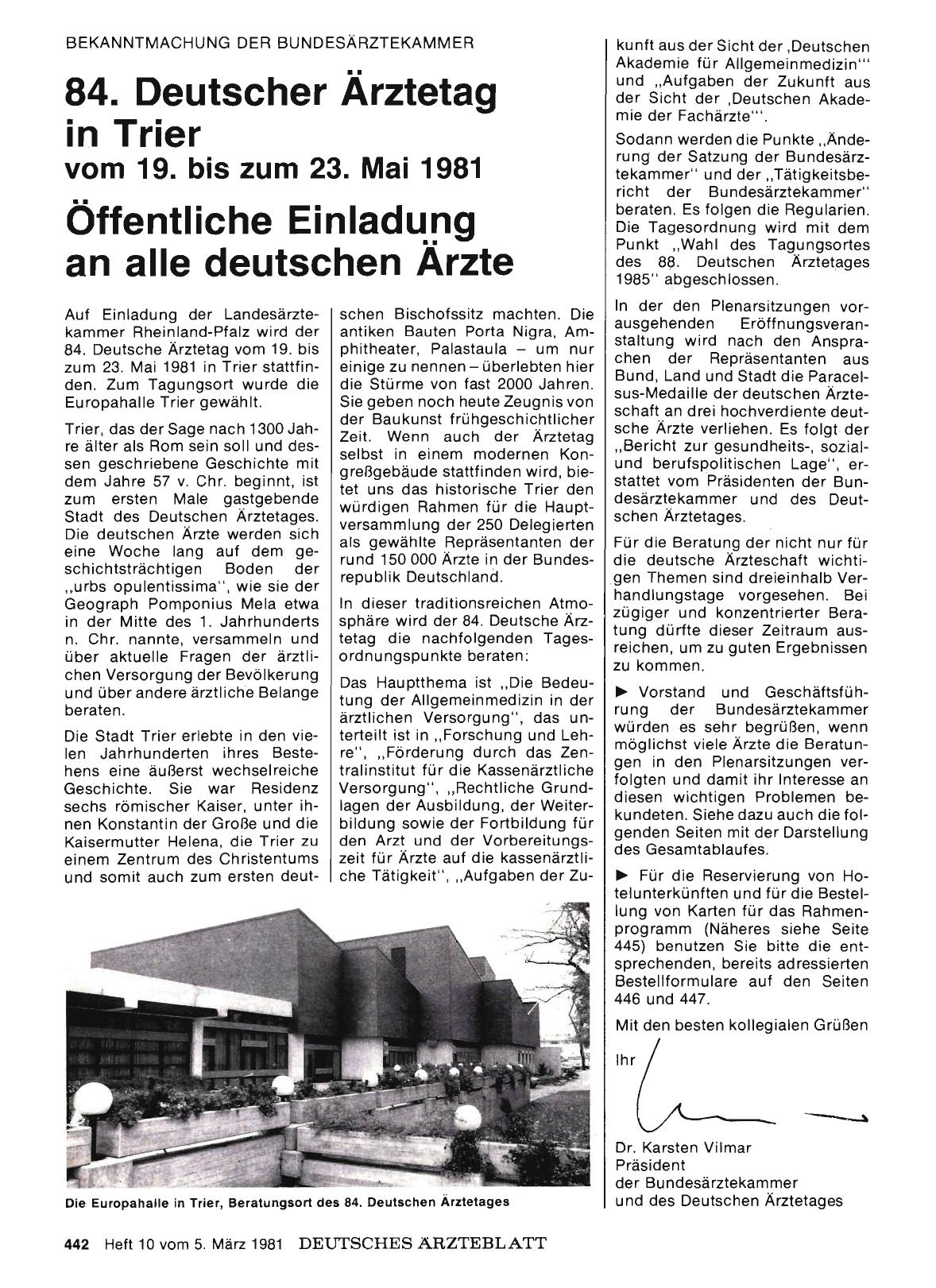 Vorschauseite 1: 84. Deutscher Ärztetag in Trier vom 19. bis zum 23. Mai 1981: Öffentliche Einladung an alle deutschen Ärzte