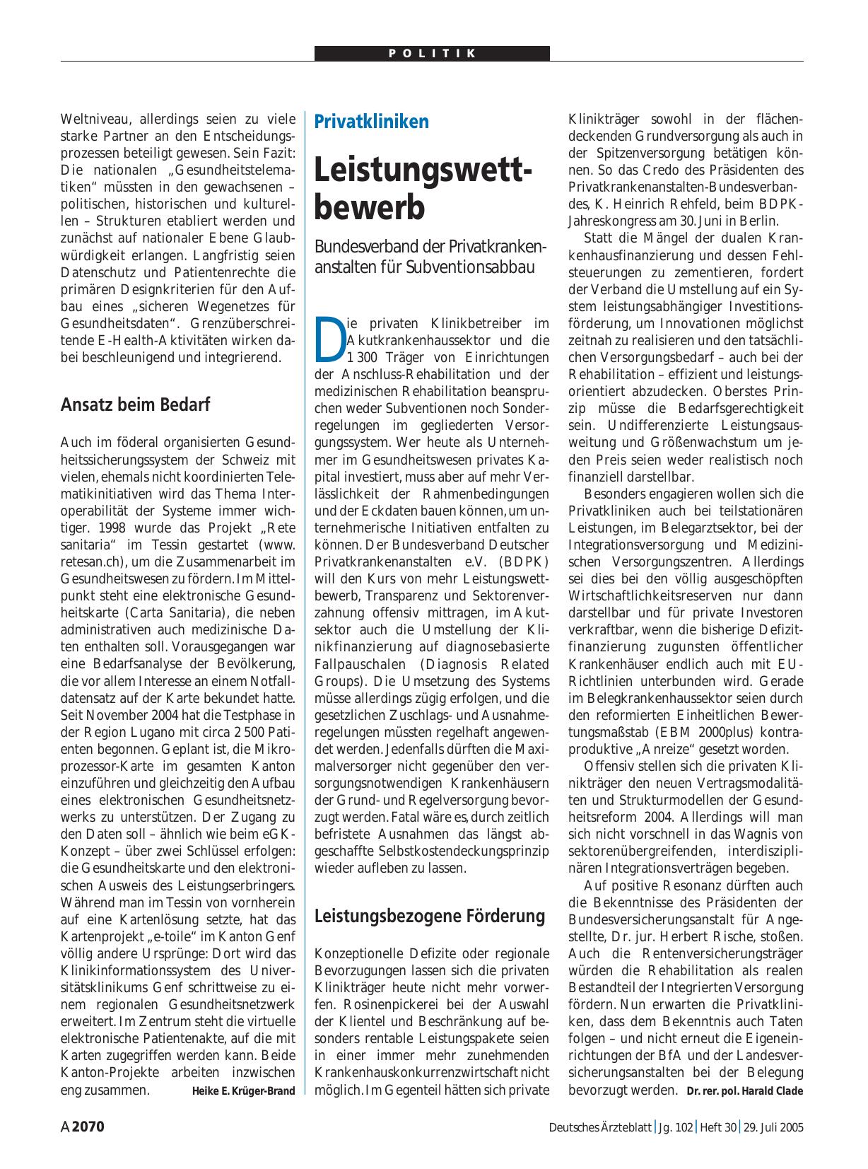 Vorschauseite 1: Privatkliniken: Leistungswettbewerb