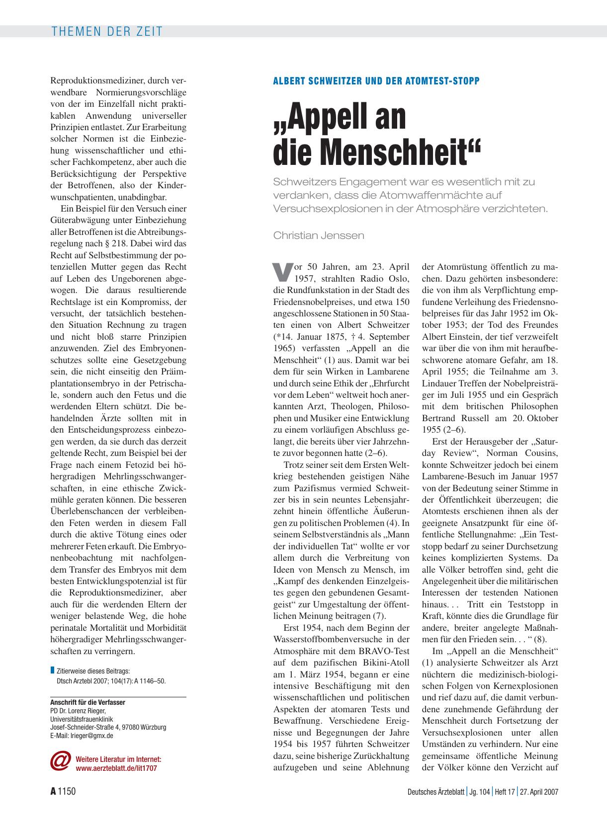 Vorschauseite 1: Albert Schweitzer und der Atomtest-Stopp: „Appell an die Menschheit“