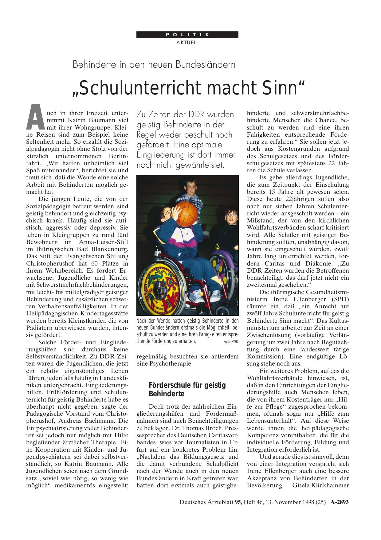 Vorschauseite 1: Behinderte in den neuen Bundesländern: „Schulunterricht macht Sinn“