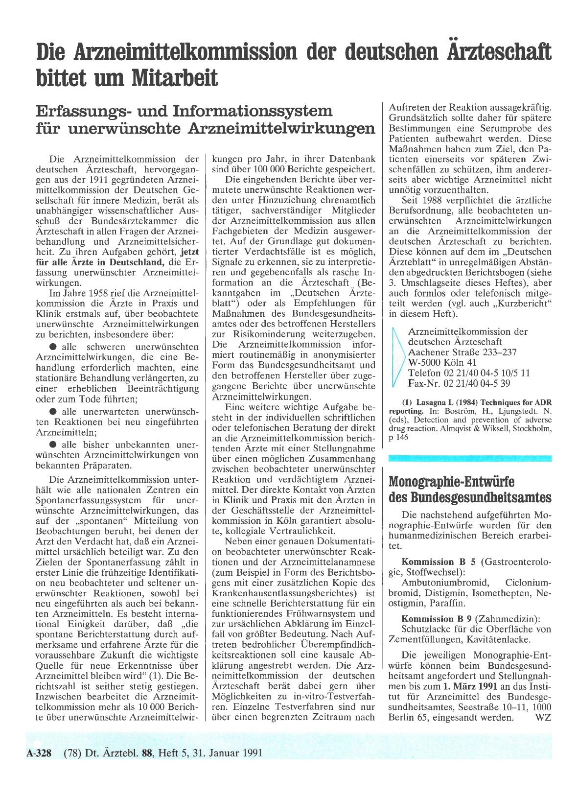 Vorschauseite 1: Die Arzneimittelkommission der deutschen Ärzteschaft bittet um Mitarbeit