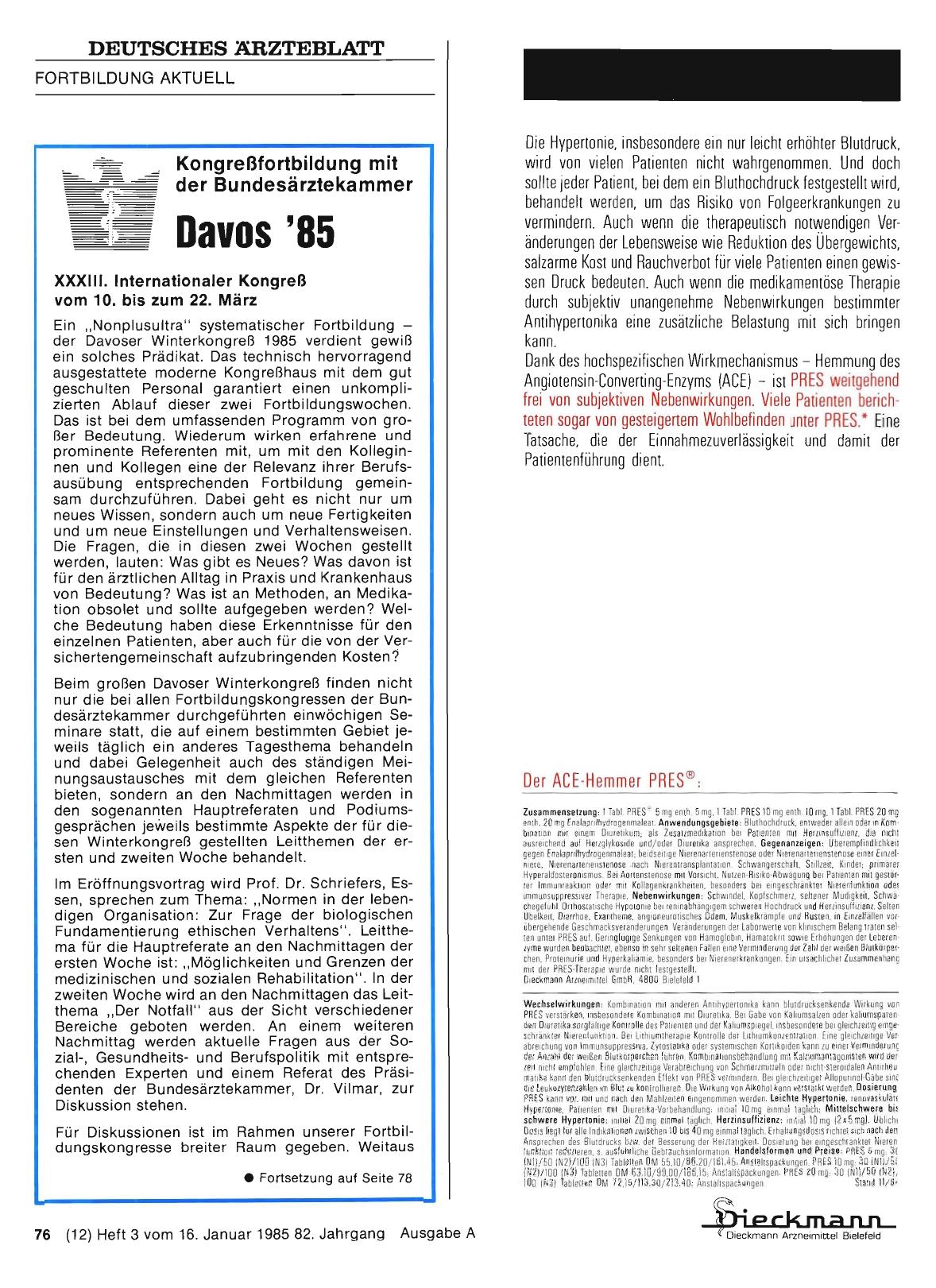 Vorschauseite 1: Kongreßfortbildung mit der Bundesärztekammer: Davos '85