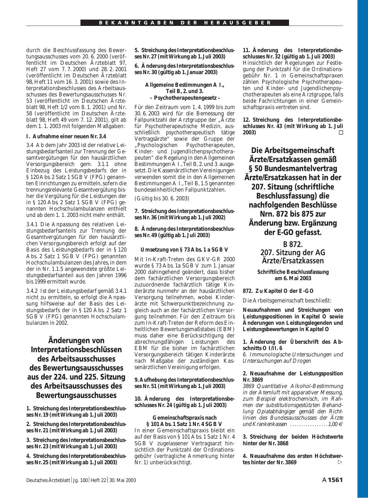 Vorschauseite 1: Die Arbeitsgemeinschaft Ärzte/Ersatzkassen gemäß § 50 Bundesmantelvertrag Ärzte/Ersatzkassen hat in der 207. Sitzung (schriftliche Beschlussfassung) die nachfolgenden Beschlüsse N…