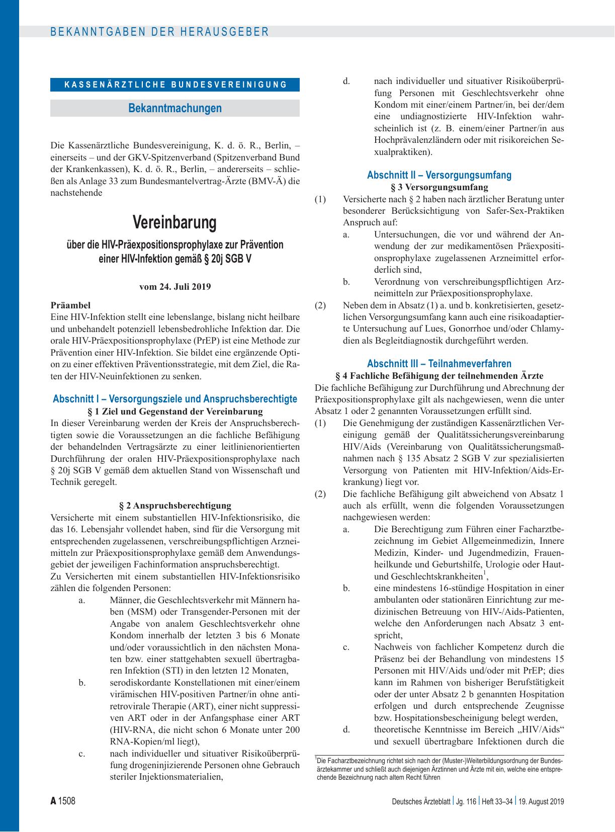 Vorschauseite 1: Vereinbarung über die HIV-Präexpositionsprophylaxe zur Prävention einer HIV-Infektion gemäß § 20j SGB V