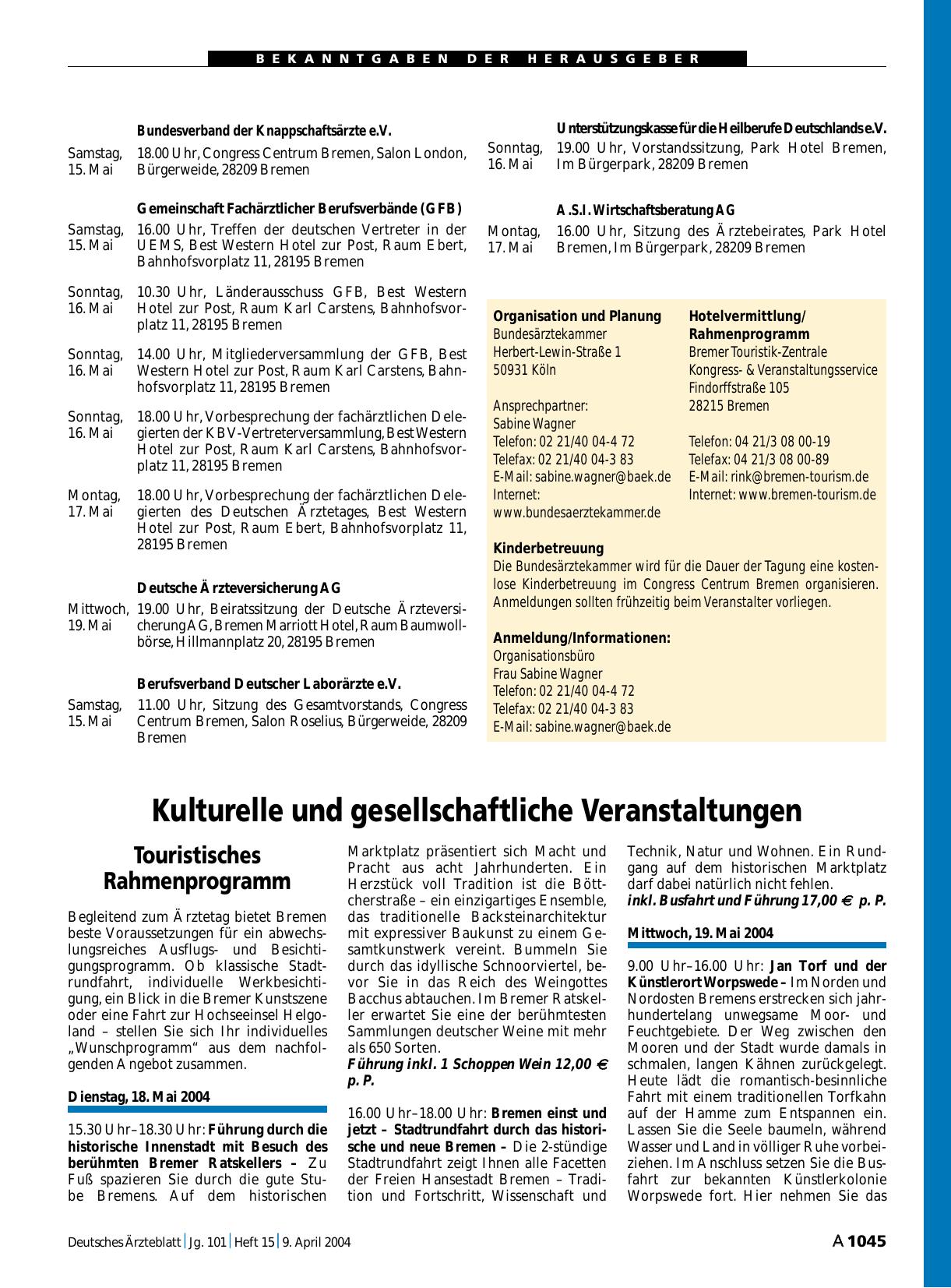 Vorschauseite 1: 107. Deutscher Ärztetag in Bremen: Kulturelle und gesellschaftliche Veranstaltungen
