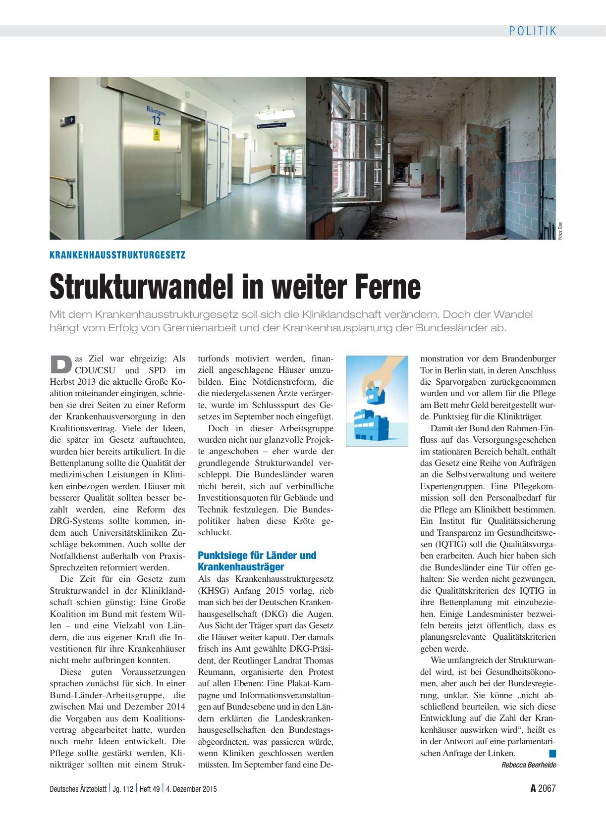 Vorschauseite 1: Krankenhausstrukturgesetz: Strukturwandel in weiter Ferne