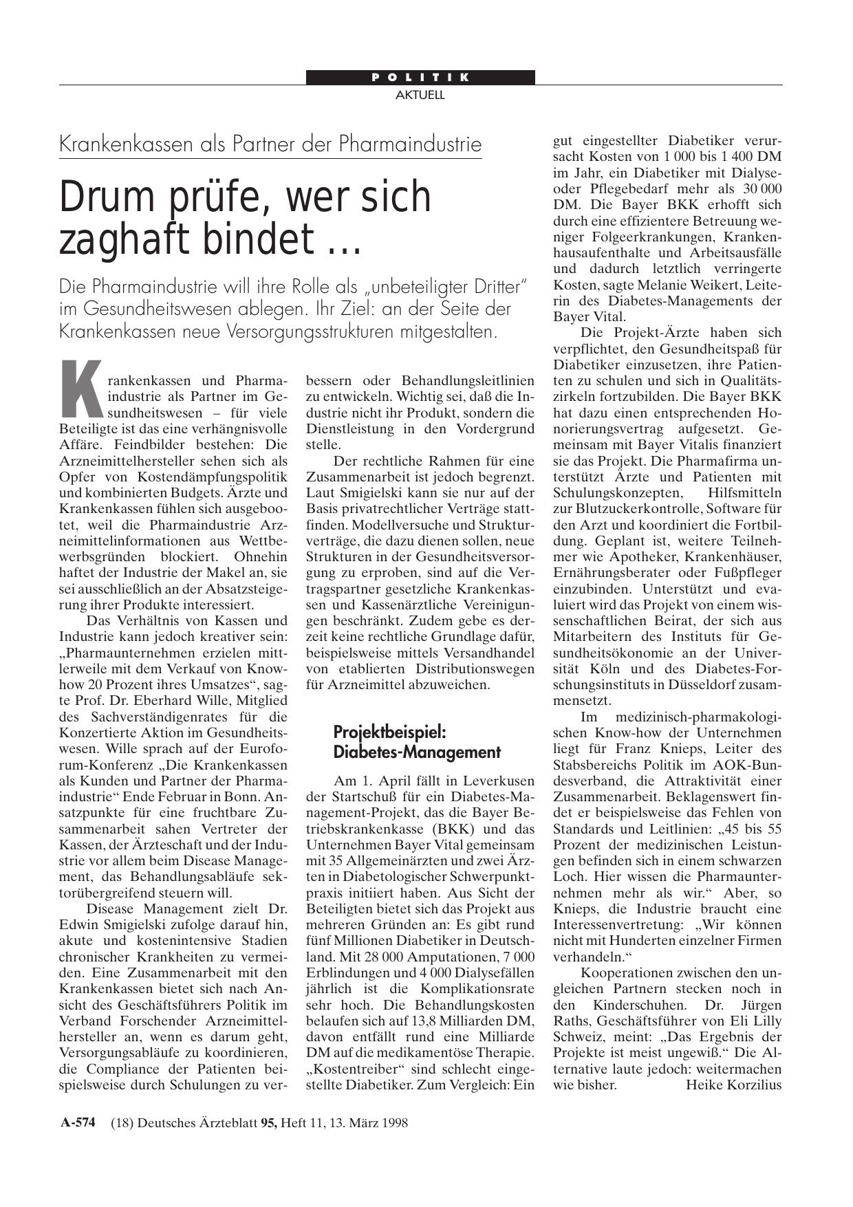 Vorschauseite 1: Krankenkassen als Partner der Pharmaindustrie: Drum prüfe, wer sich zaghaft bindet. ..