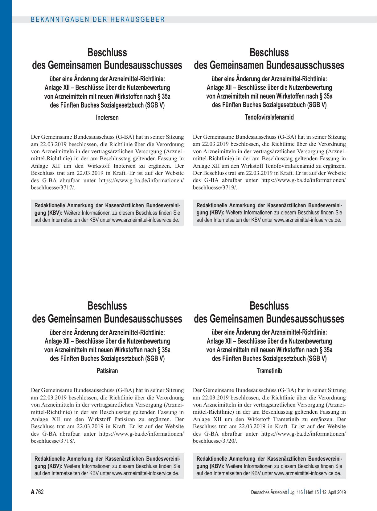 Vorschauseite 1: Beschluss des Gemeinsamen Bundesausschusses über eine Änderung der Arzneimittel-Richtlinie: Anlage XII – Trametinib