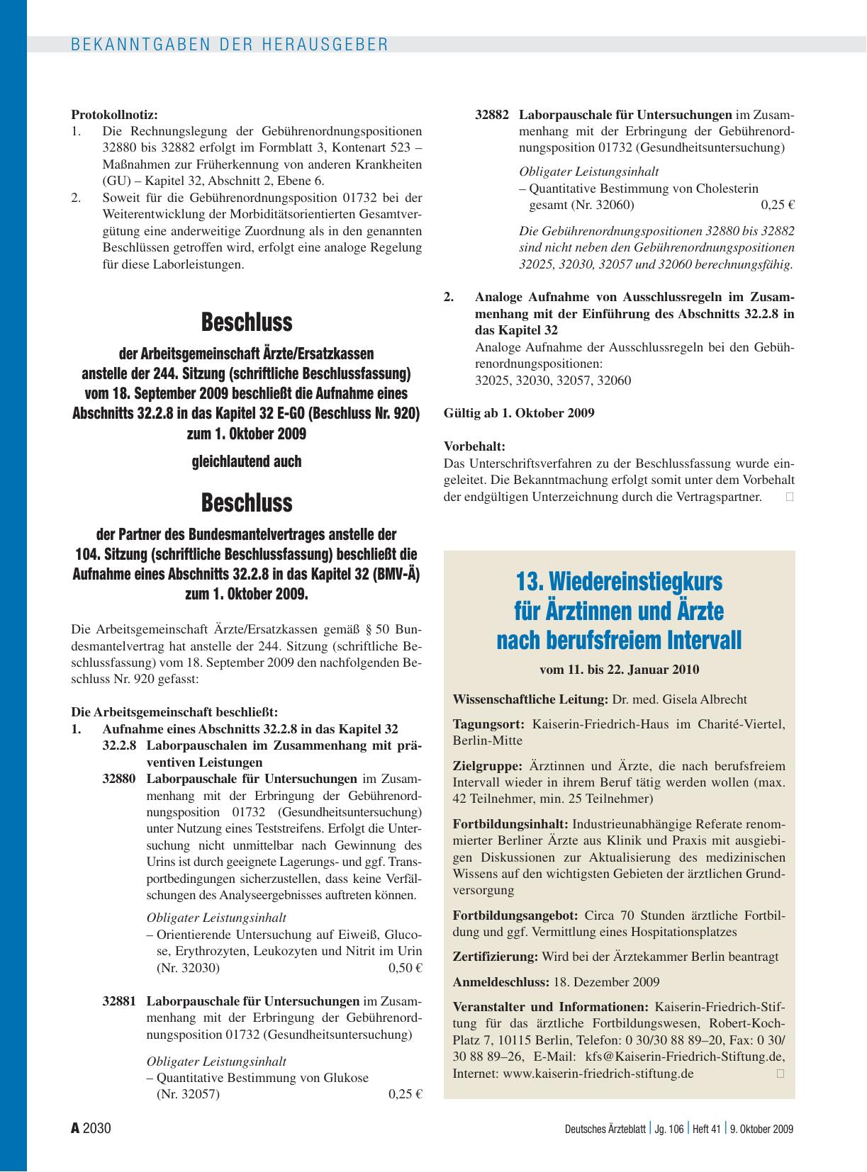 Vorschauseite 1: Beschluss der Arbeitsgemeinschaft Ärzte/Ersatzkassen anstelle der 244. Sitzung (schriftliche Beschlussfassung) vom 18. September 2009 beschließt die Aufnahme eines Abschnitts 32.…