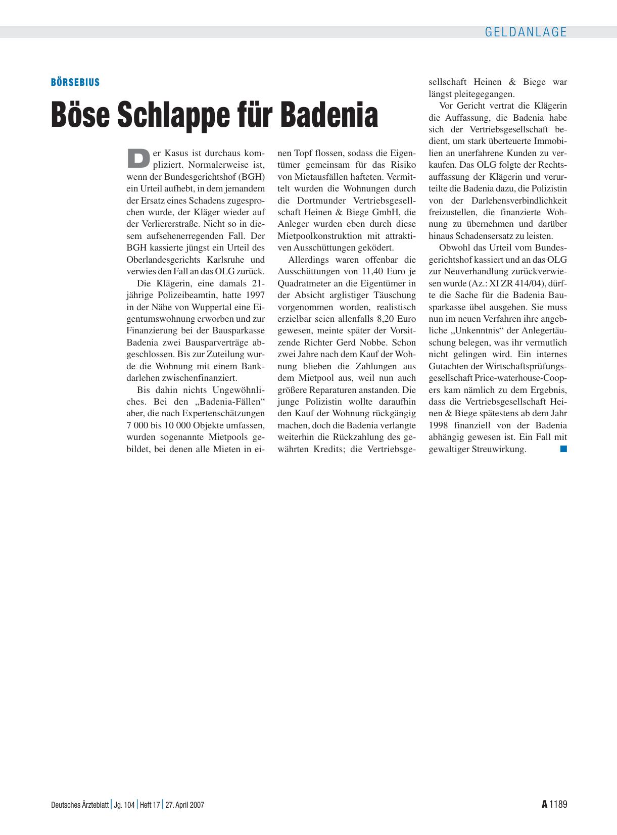 Vorschauseite 1: Börsebius: Böse Schlappe für Badenia