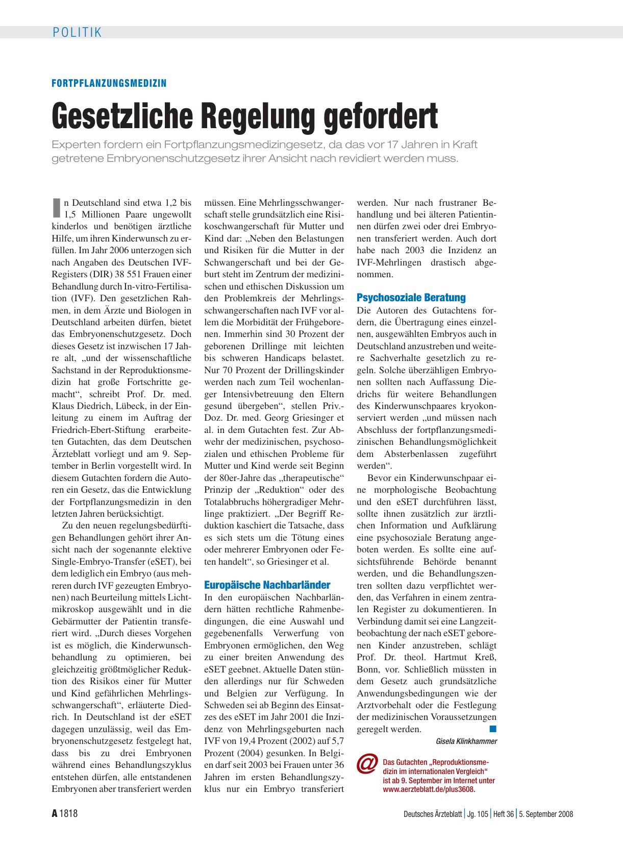 Vorschauseite 1: Fortpflanzungsmedizin: Gesetzliche Regelung gefordert