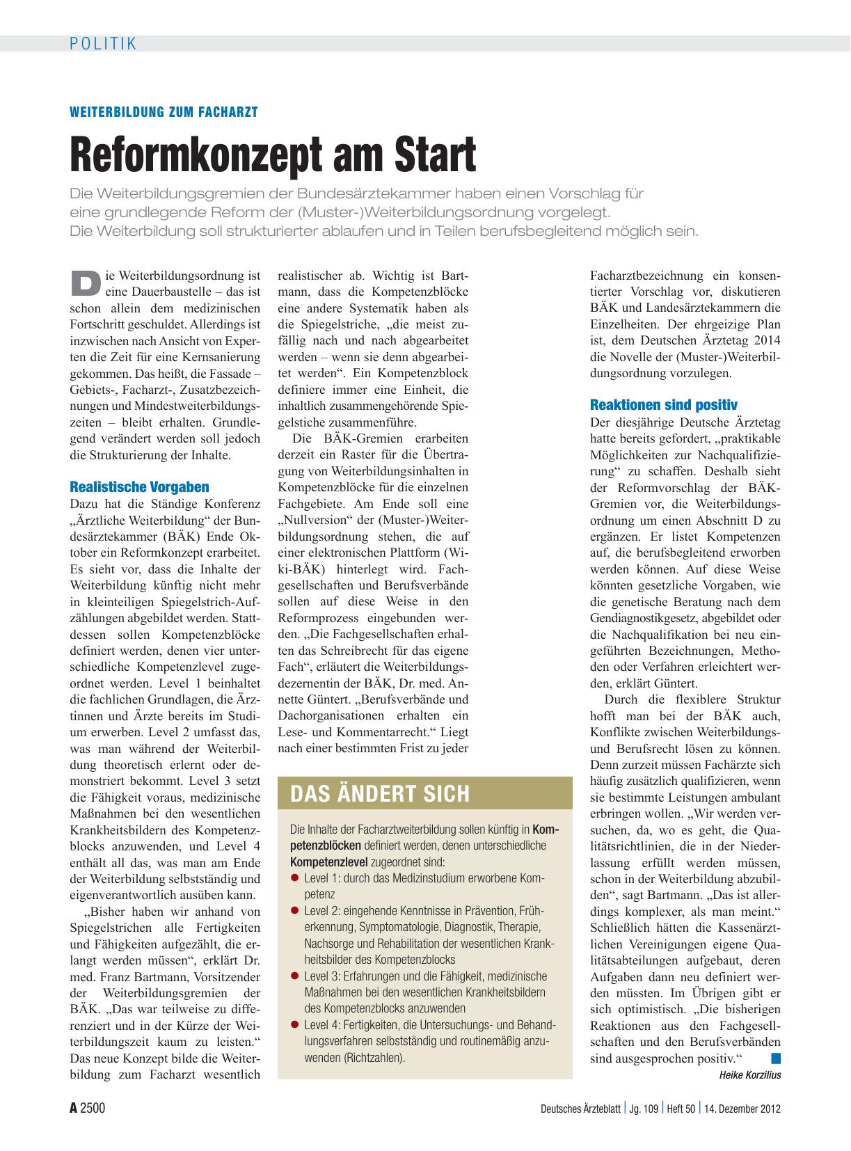 Vorschauseite 1: Weiterbildung zum Facharzt: Reformkonzept am Start