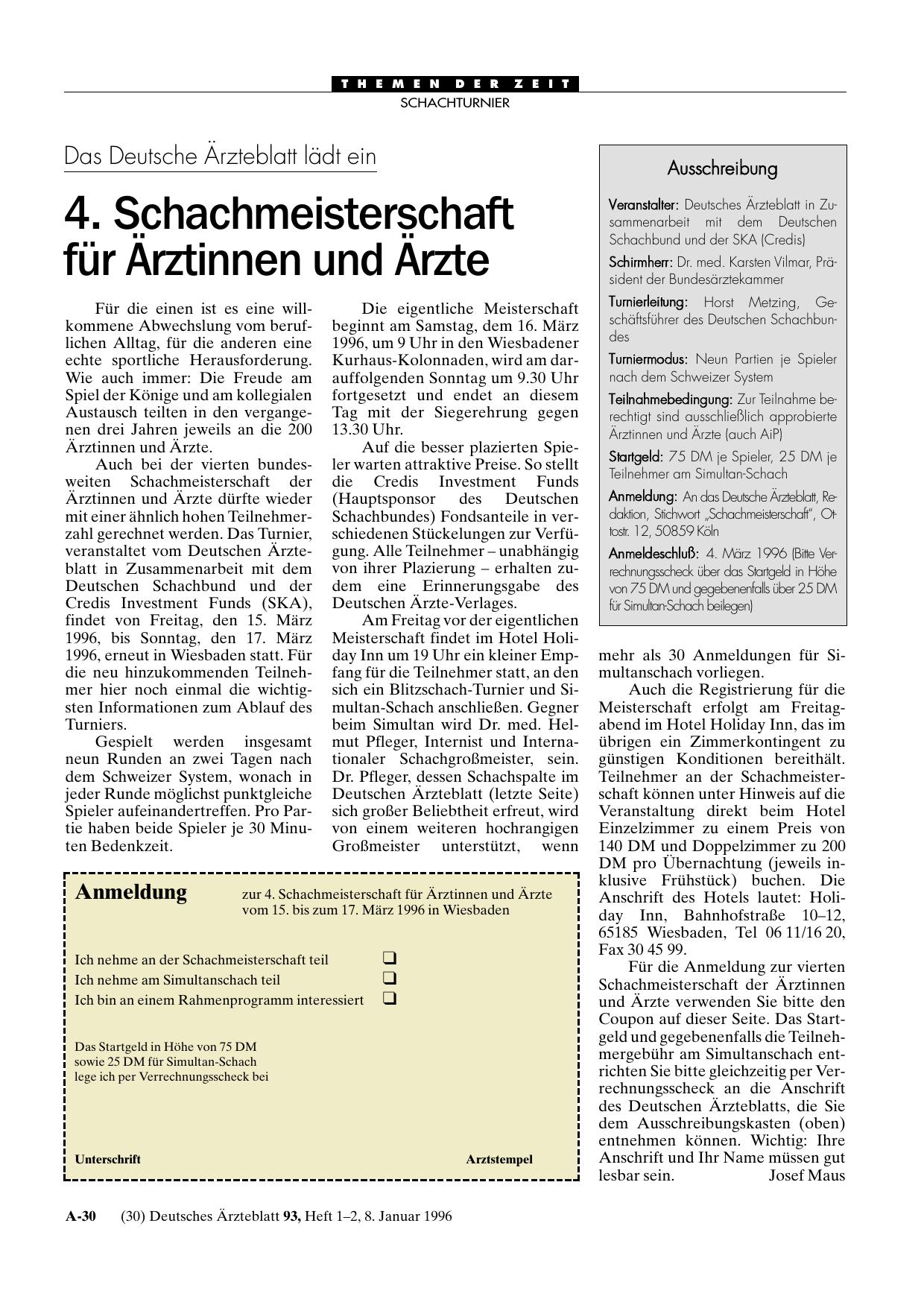 Vorschauseite 1: Das Deutsche Ärzteblatt lädt ein: 4. Schachmeisterschaft für Ärztinnen und Ärzte