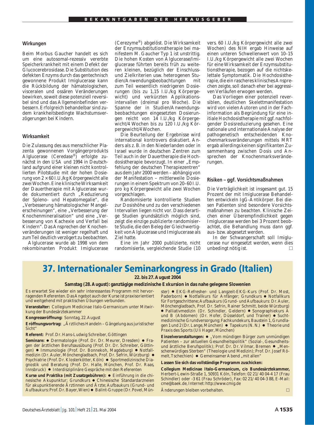 Vorschauseite 1: 37. Internationaler Seminarkongress in Grado (Italien): 22. bis 27. August 2004