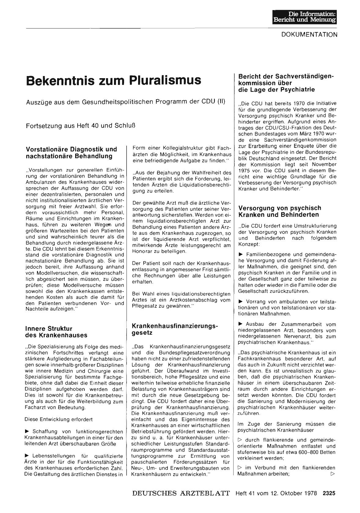 Vorschauseite 1: Bekenntnis zum Pluralismus: Auszüge aus dem Gesundheitspolitischen Programm der CDU (II)