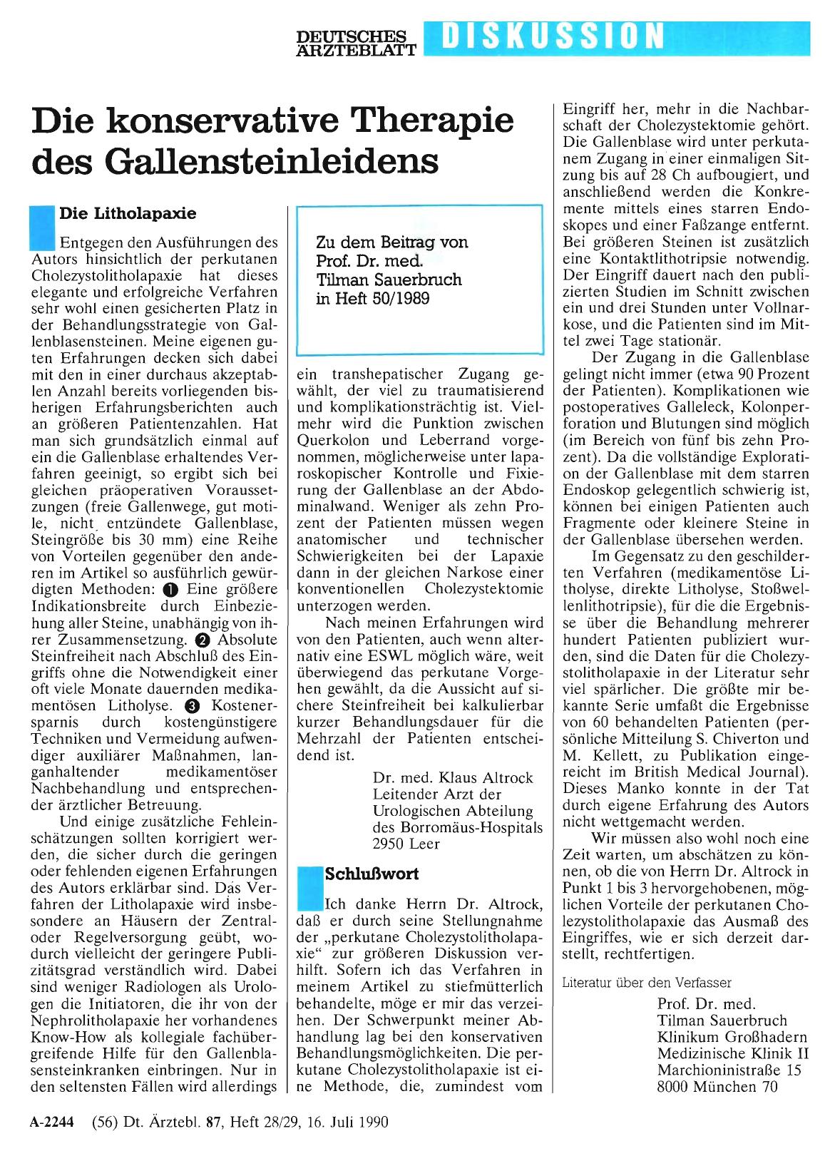 Vorschauseite 1: Die konservative Therapie des Gallensteinleidens: Schlußwort