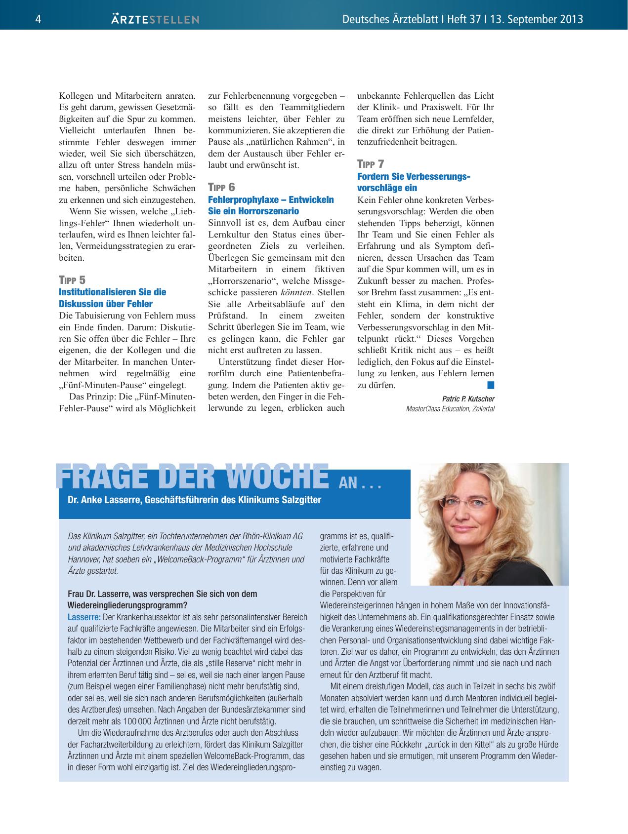 Vorschauseite 1: Frage der Woche an. .. Dr. Anke Lasserre, Geschäftsführerin des Klinikums Salzgitter
