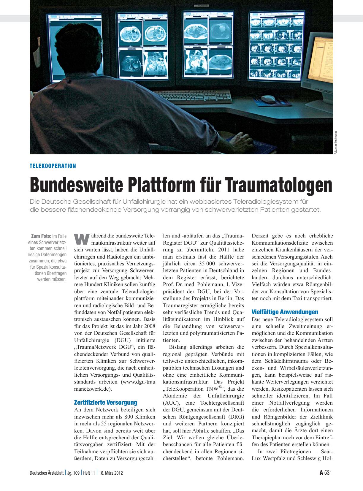Vorschauseite 1: Telekooperation: Bundesweite Plattform für Traumatologen