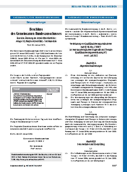 Vorschauseite 1: Vereinbarung von Qualitätssicherungsmaßnahmen nach § 135 Abs. 2 SGB V zur neuropsychologischen Diagnostik und Therapie (Qualitätssicherungsvereinbarung NT) vom 1. Juli 2022