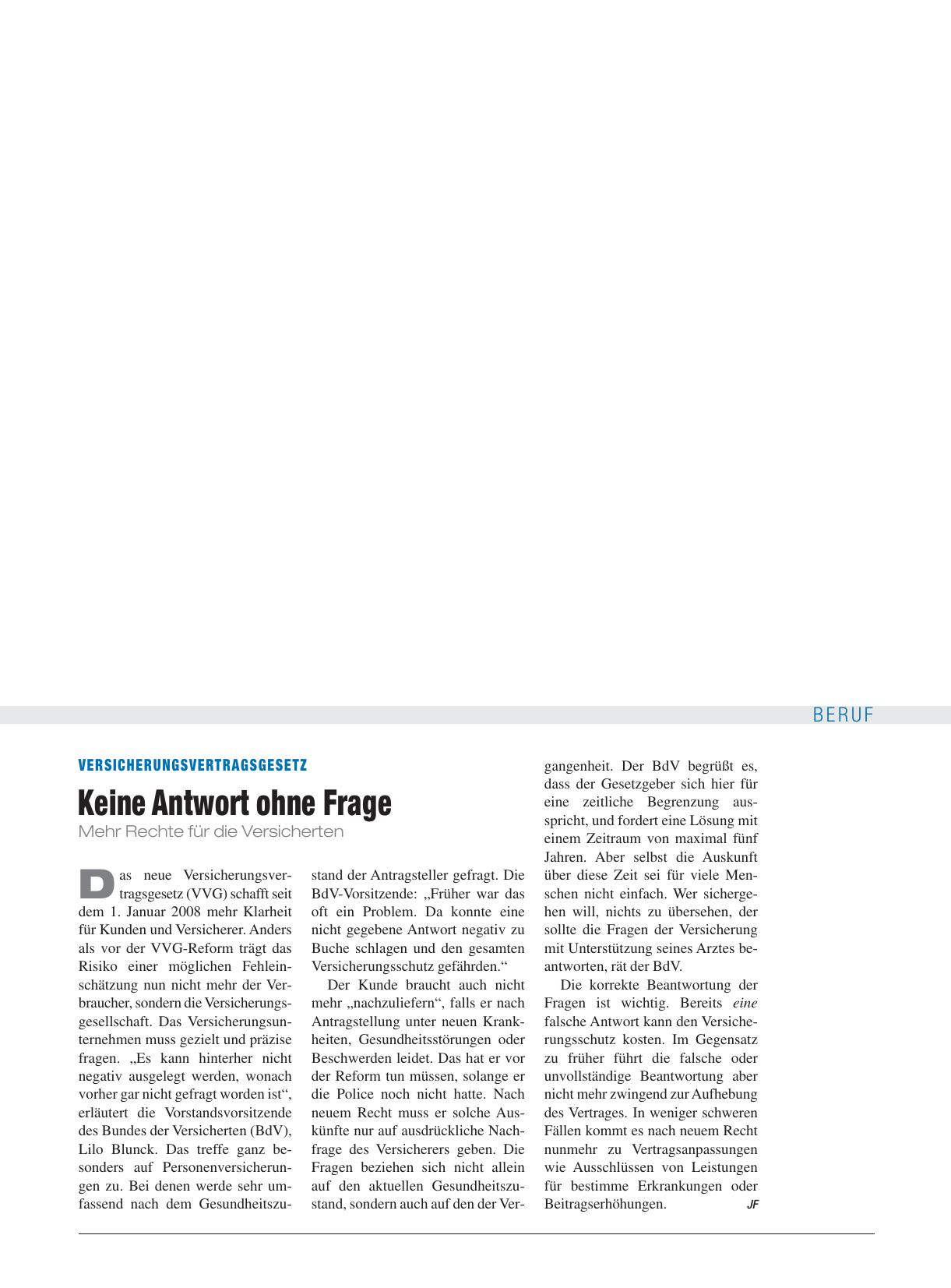 Vorschauseite 1: Versicherungsvertragsgesetz: Keine Antwort ohne Frage