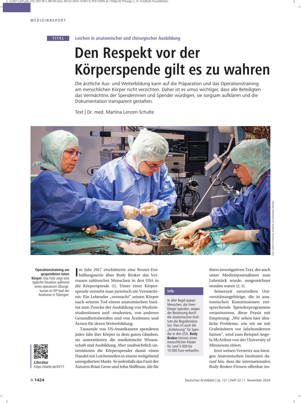 Vorschauseite 1: Leichen in anatomischer und chirurgischer Ausbildung: Den Respekt vor der Körperspende gilt es zu wahren.