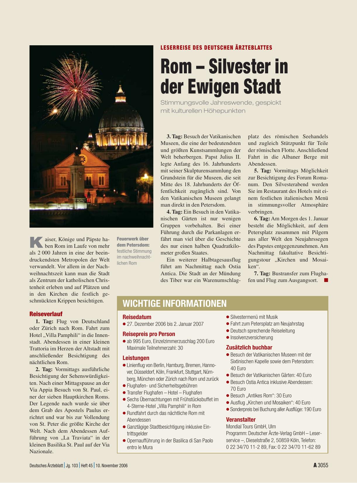 Vorschauseite 1: Leserreise des Deutschen Ärzteblattes: Rom – Silvester in der Ewigen Stadt