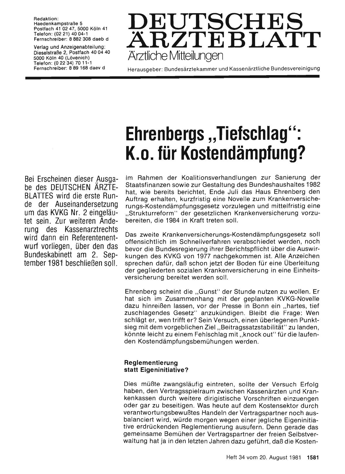 Vorschauseite 1: Ehrenbergs „Tiefschlag": K. o. für Kostendämpfung?