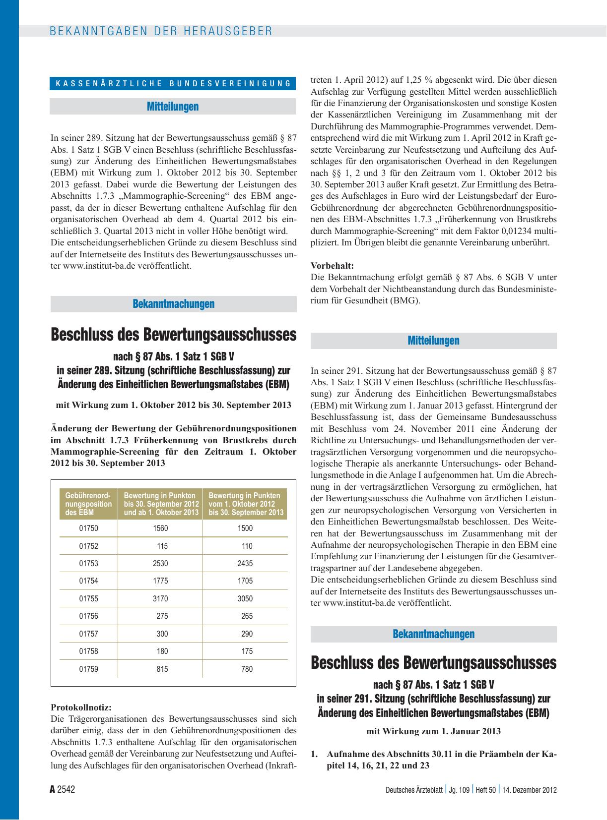 Vorschauseite 1: Beschluss des Bewertungsausschusses nach § 87 Abs. 1 Satz 1 SGB V in seiner 289. Sitzung (schriftliche Beschlussfassung) zur Änderung des Einheitlichen Bewertungsmaßstabes (EBM)