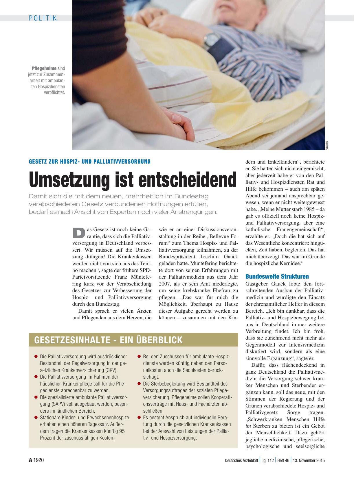 Vorschauseite 1: Gesetz zur Hospizund Palliativversorgung: Umsetzung ist entscheidend