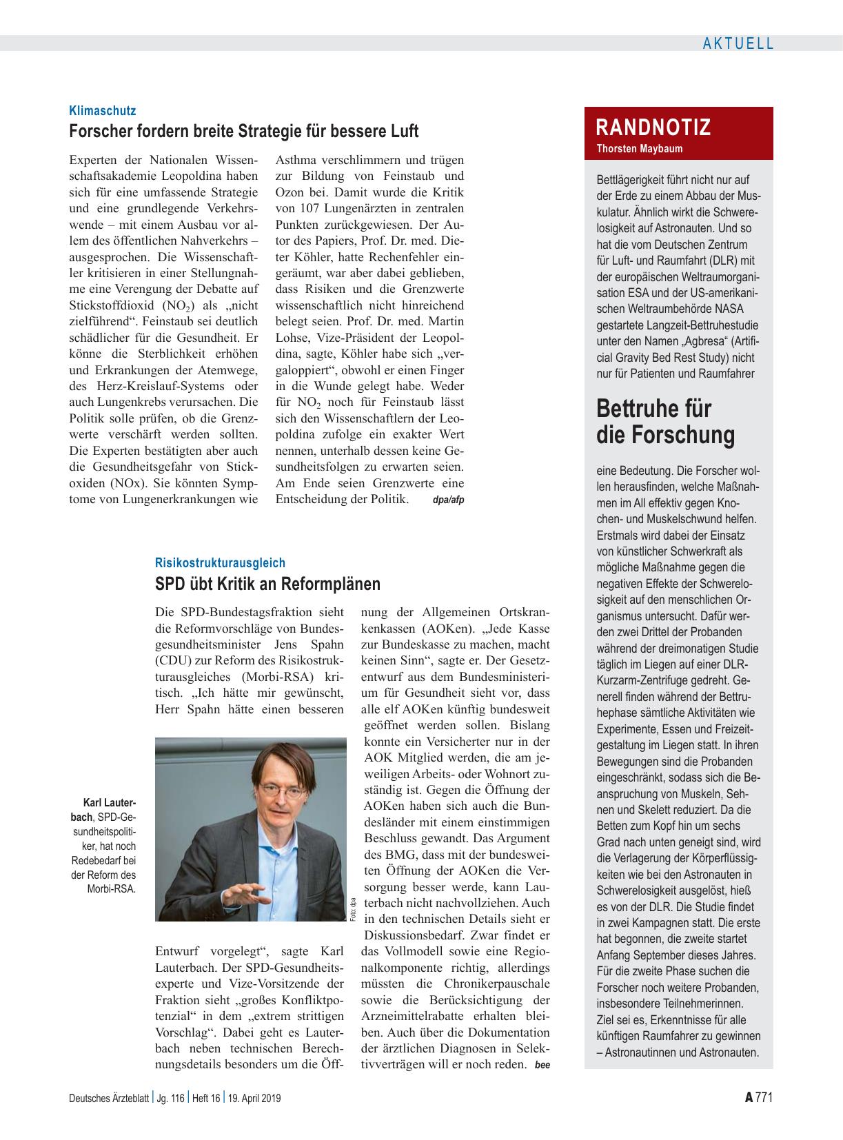Vorschauseite 1: Risikostrukturausgleich: SPD übt Kritik an Reformplänen
