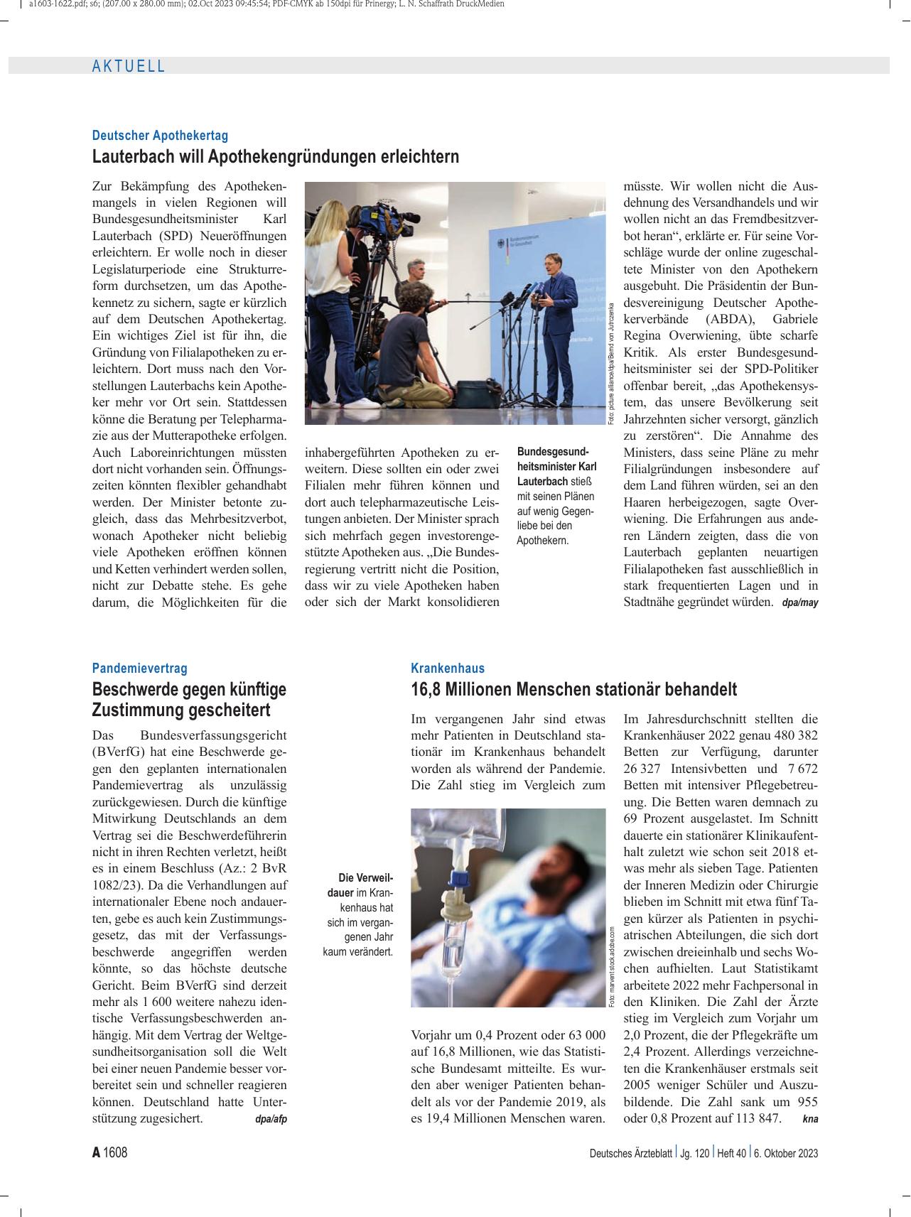 Vorschauseite 1: Krankenhaus: 16, 8 Millionen Menschen stationär behandelt