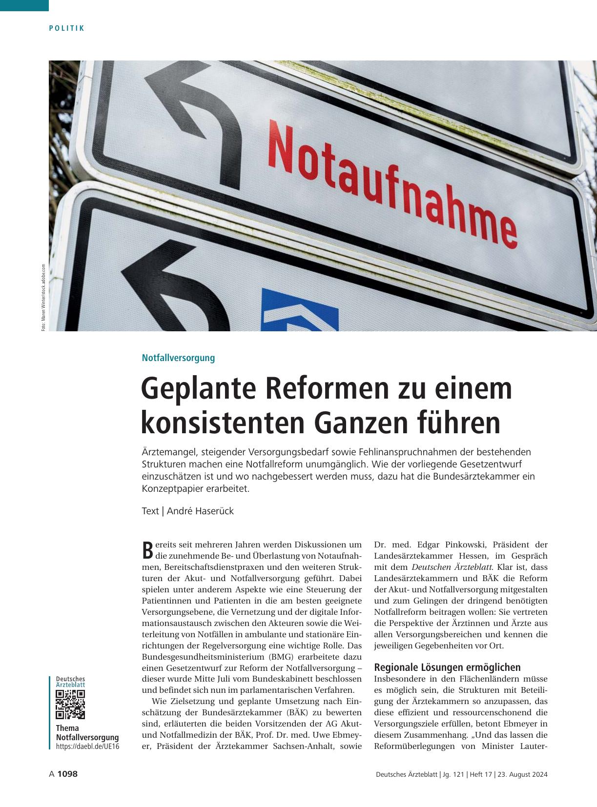 Vorschauseite 1: Notfallversorgung: Geplante Reformen zu einem konsistenten Ganzen führen.