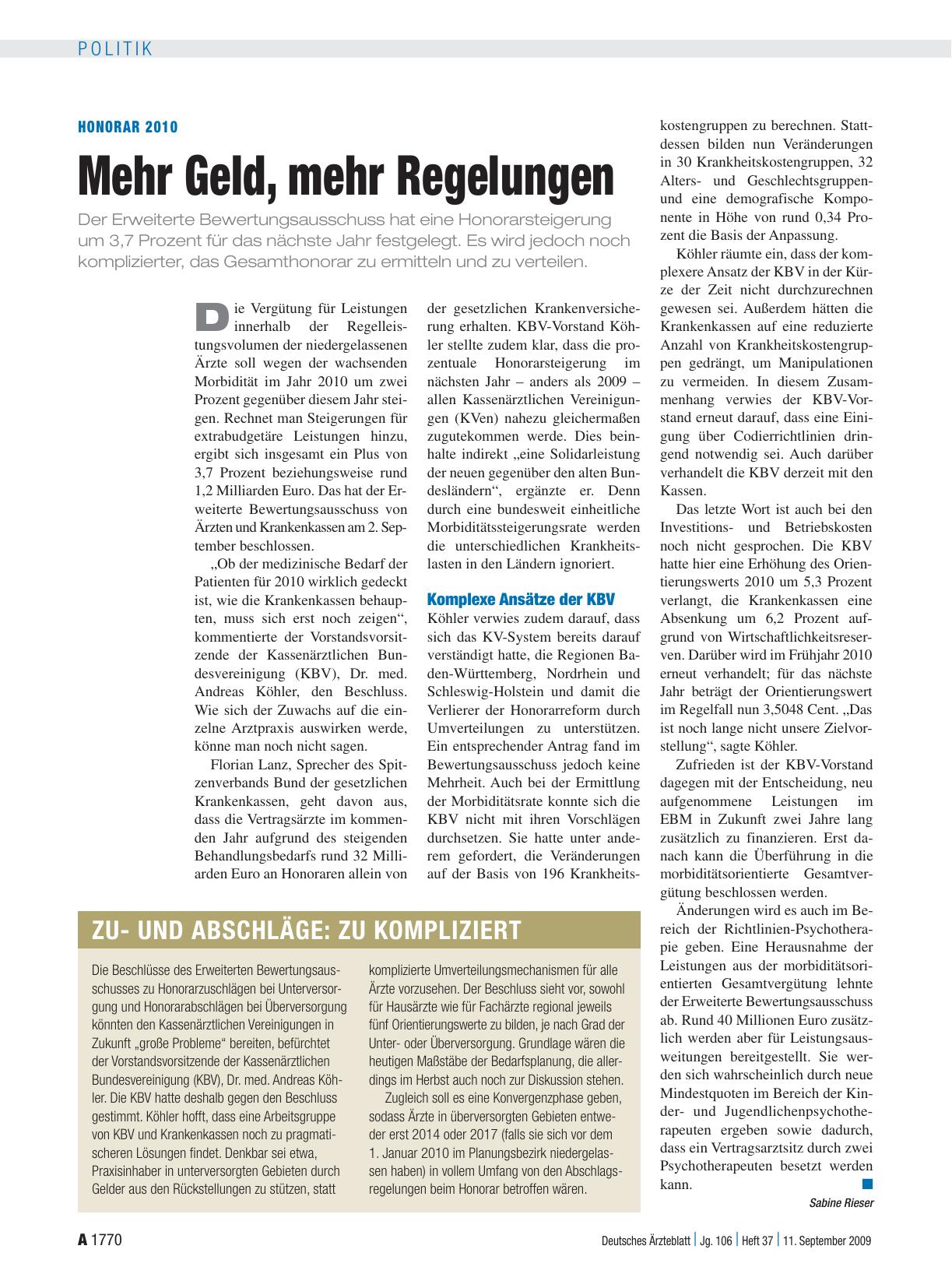 Vorschauseite 1: Honorar 2010: Mehr Geld, mehr Regelungen