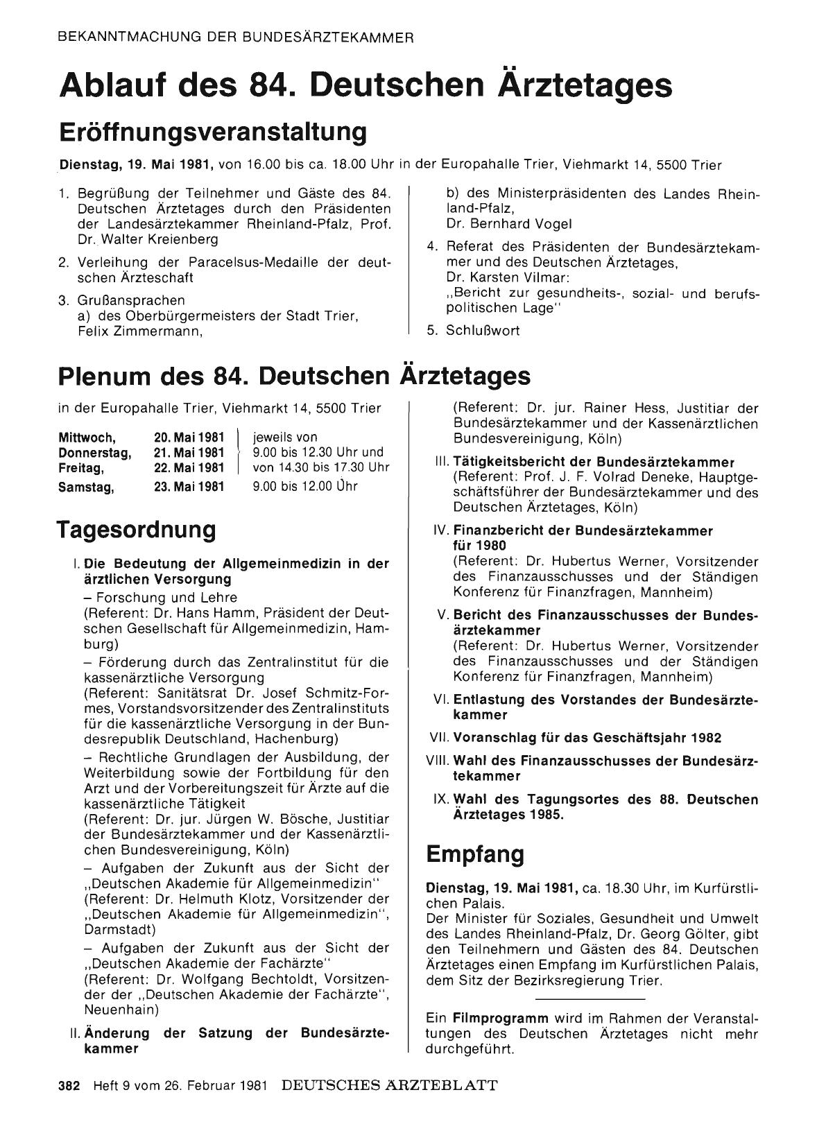Vorschauseite 1: 84. Deutscher Ärztetag in Trier vom 19. bis zum 23. Mai 1981: Ablauf des 84. Deutschen Ärztetages
