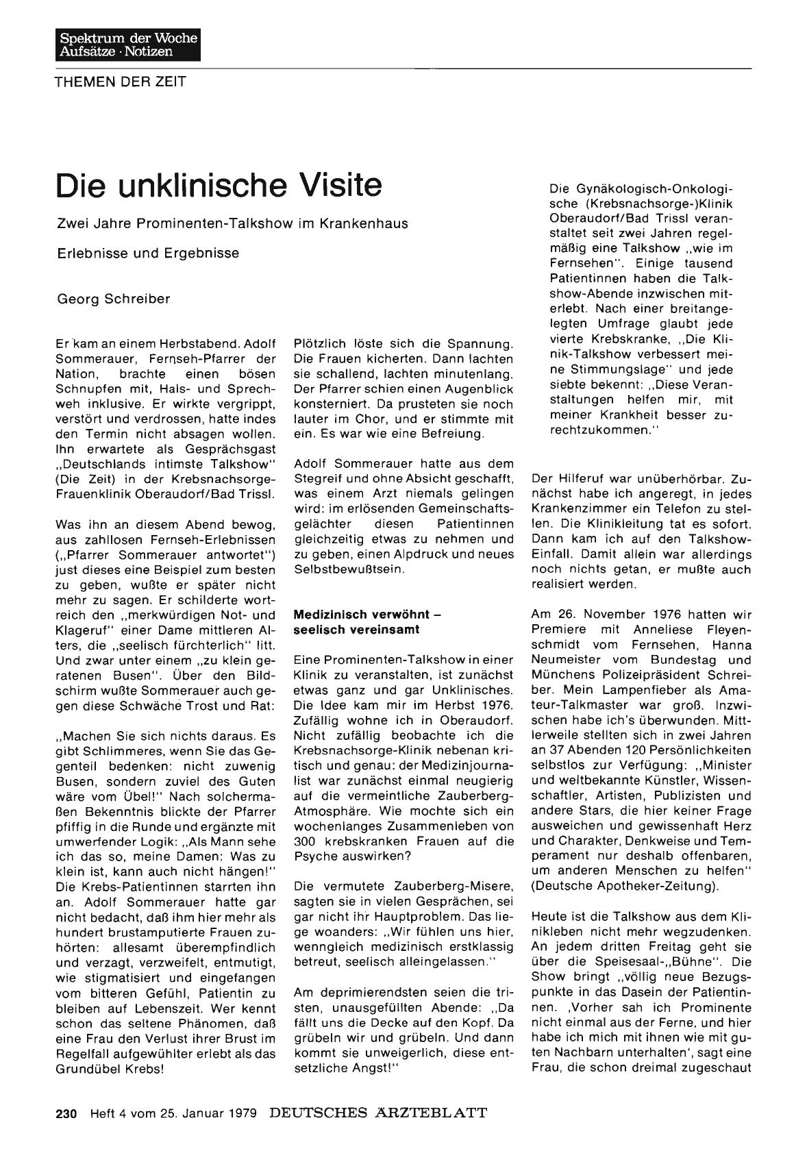 Vorschauseite 1: Die unklinische Visite: Zwei Jahre Prominenten-Talkshow im Krankenhaus