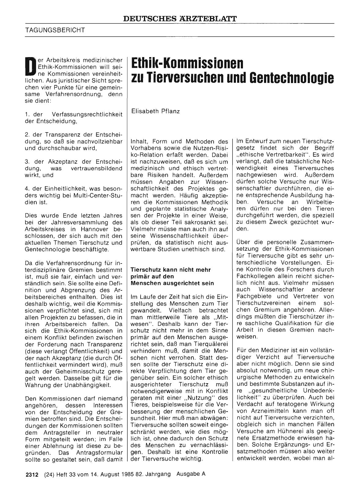 Vorschauseite 1: Ethik-Kommissionen zu Tierversuchen und Gentechnologie