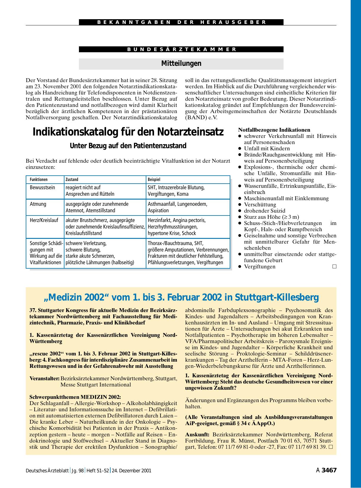 Vorschauseite 1: Mitteilungen: Indikationskatalog für den Notarzteinsatz