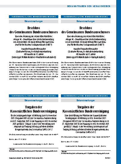 Vorschauseite 1: Vorgaben der Kassenärztlichen Bundesvereinigung für die Leistungserbringer mit Wirkung zum 13. November 2021 (Vorgaben KBV-LE) zur Coronavirus-Testverordnung vom 21. September 202…