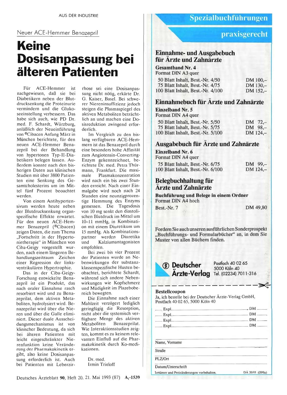 Vorschauseite 1: Neuer ACE-Hemmer Benazepril: Keine Dosisanpassung bei älteren Patienten