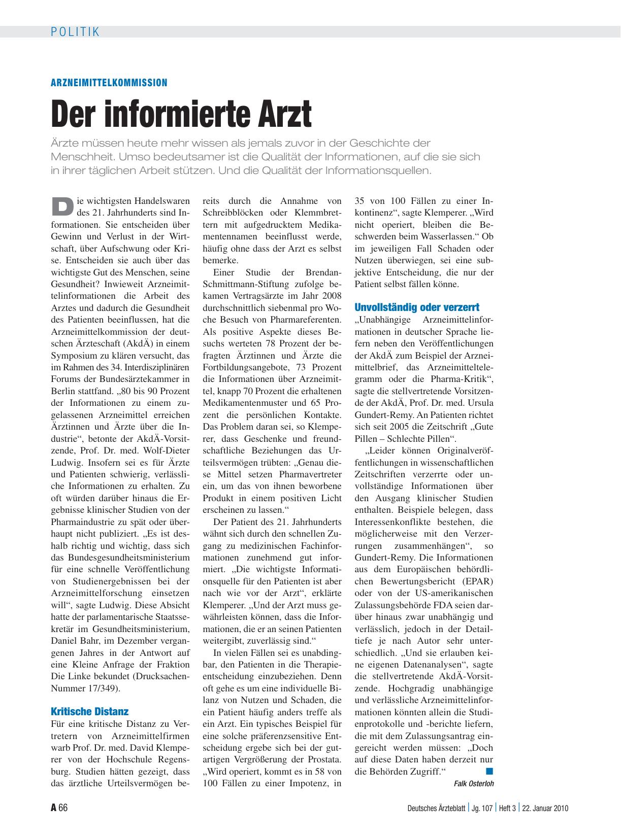 Vorschauseite 1: Arzneimittelkommission: Der informierte Arzt