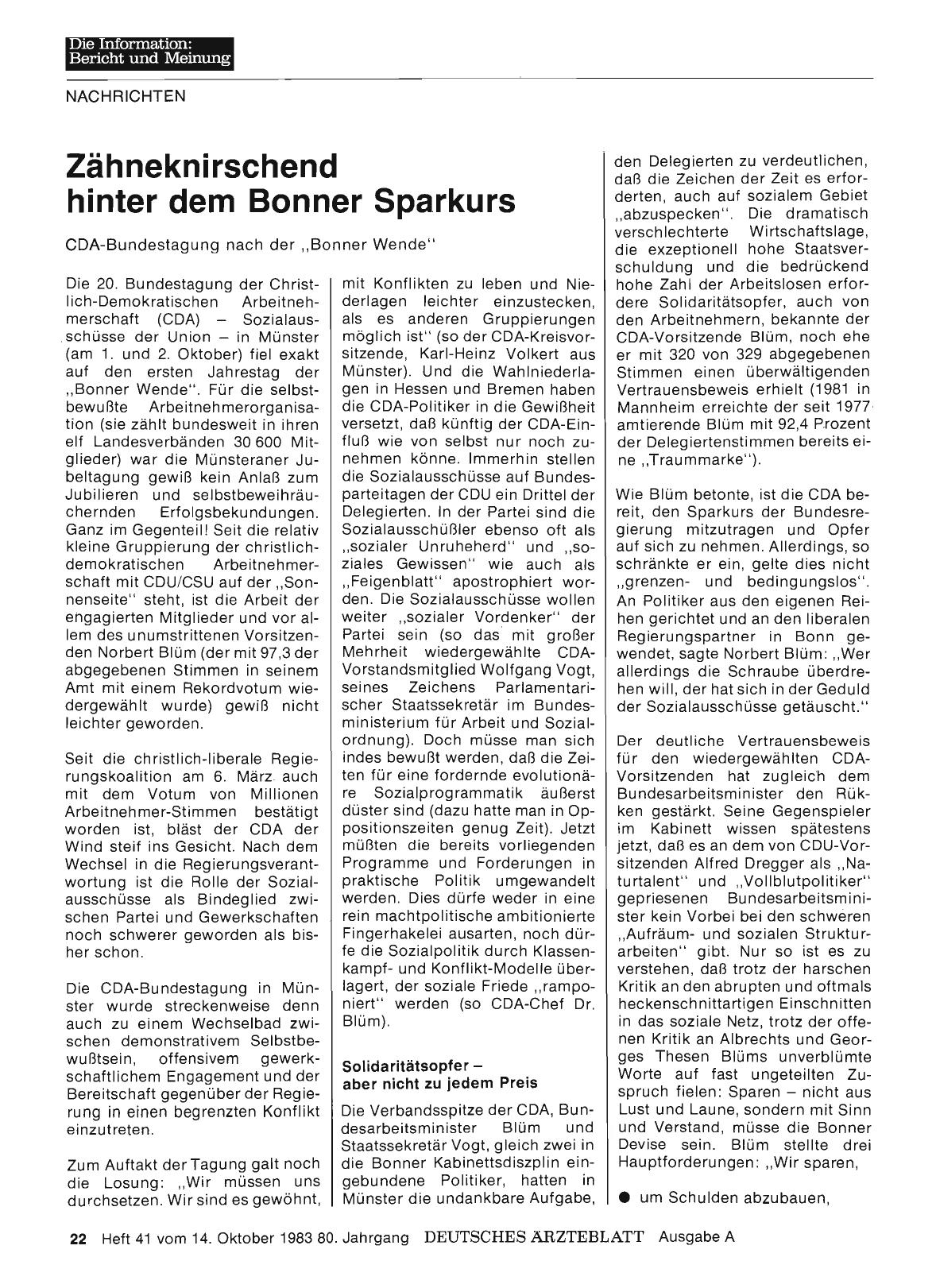 Vorschauseite 1: Zähneknirschend hinter dem Bonner Sparkurs: CDA-Bundestagung nach der „Bonner Wende“